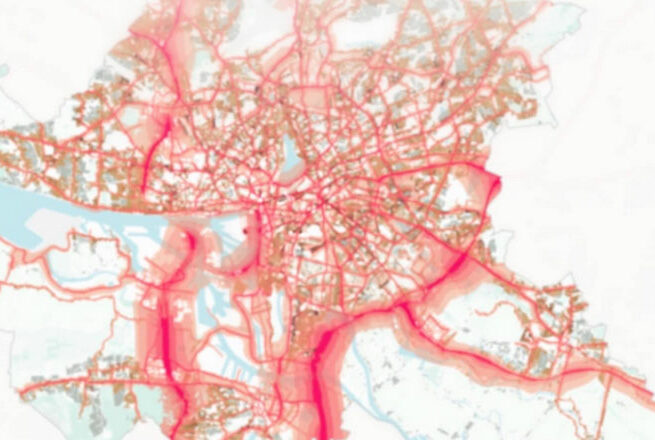 Karte von Frankfurt, in die die Lärmbelastung eingezeichnet ist